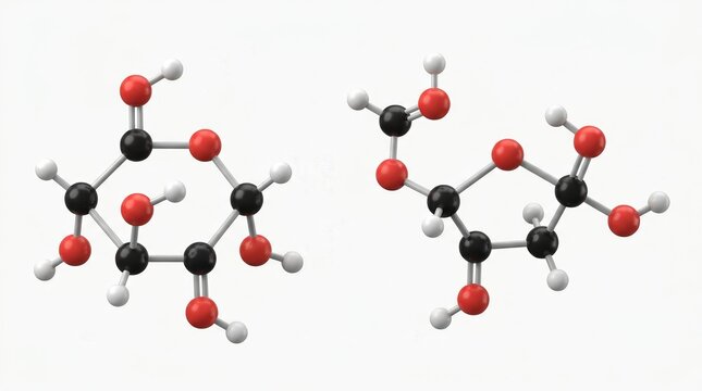 A comparison of glucose and fructose molecular structures for science and educational purposes.