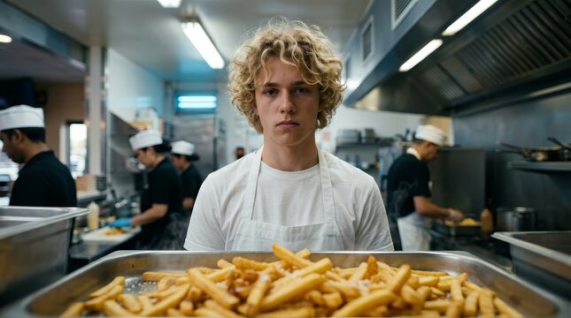 Close up of a thoughtful male employee with curly hair and french fries in a fast food setting.