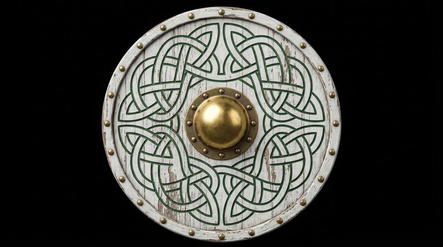 Antique style wooden Viking shield with green celtic knots and golden center boss