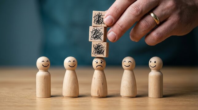 Employee wellbeing concept featuring a hand placing burden blocks on a single stressed wooden figure.