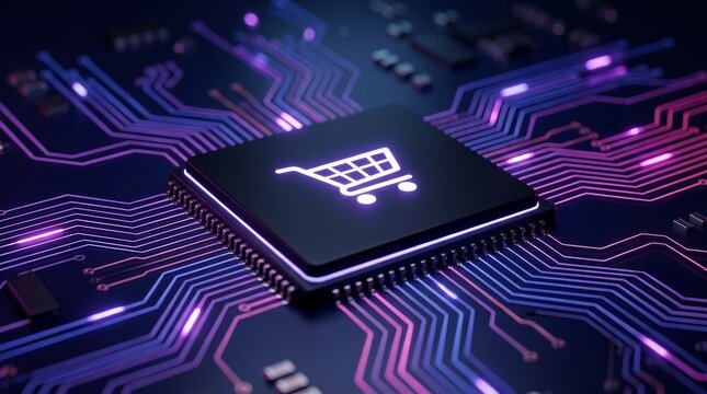 Advanced technology background showing a digital shopping cart symbol on a semiconductor chip.