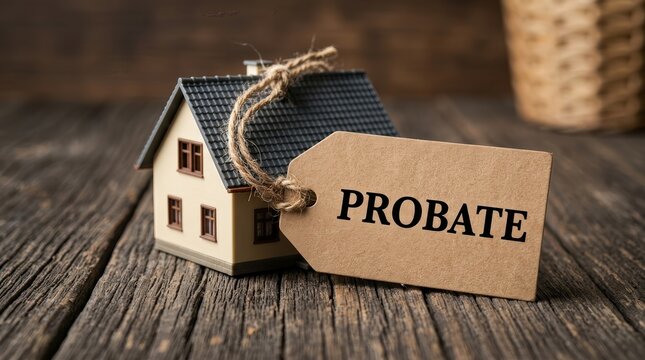 Property inheritance and probate planning concept with a tiny house model on a rustic surface.