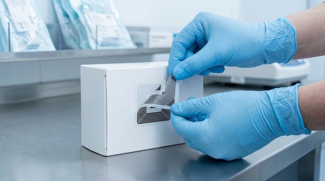 Smart supply chain tracking process using RFID labels on pharmaceutical packaging in a lab.