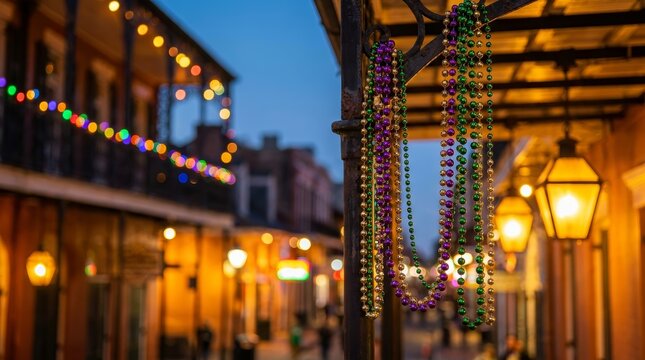 Colorful Mardi Gras beads and twinkling lights decorating a quiet New Orleans street corner.