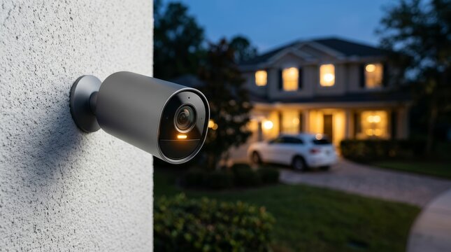 A smart security camera with illuminated indicators providing home protection at a suburban house exterior.