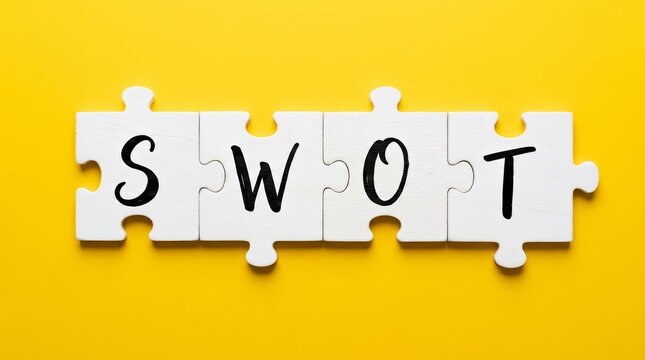 Conceptual SWOT analysis framework showing four puzzle pieces with letters on a solid yellow background.