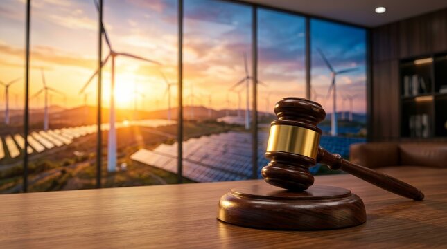 Renewable energy policy and environmental justice concept featuring a legal gavel and green energy infrastructure.