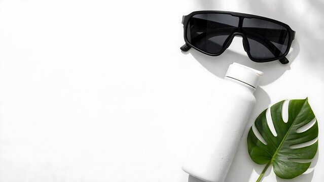Black sunglasses and white sunscreen bottle with a green leaf on white background