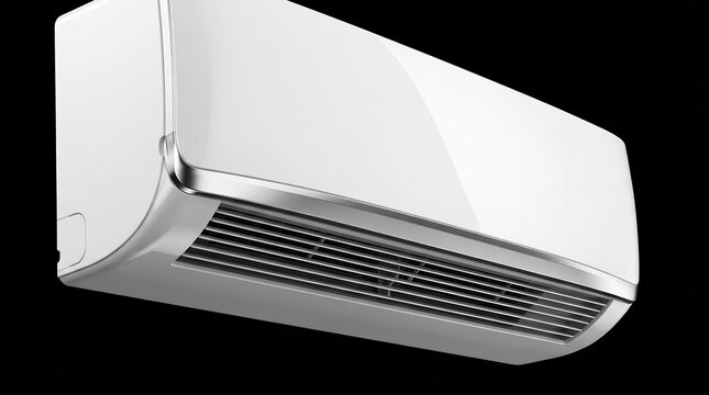 Split system air conditioner in modern white with metallic trim.