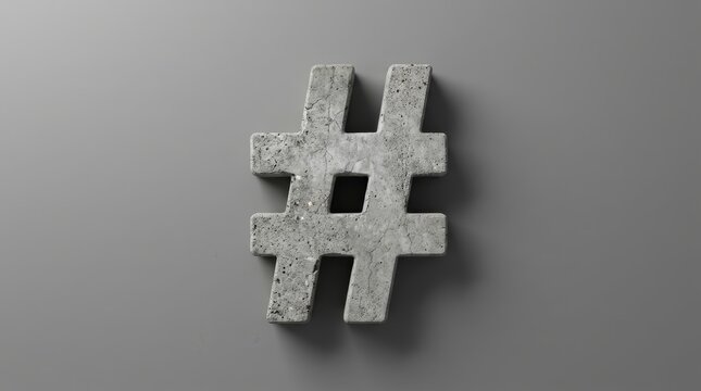 Macro shot of a heavy concrete 3D hashtag symbol against a gray background.