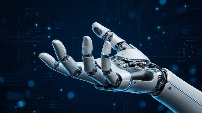 Cybernetic robotic hand reaching into a dark blue digital network background.