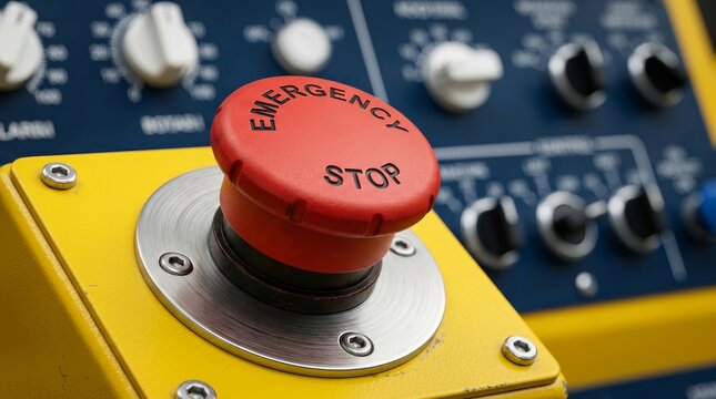 Safety equipment detail showing a red emergency stop button on a machine control system.