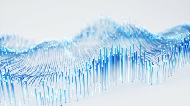Digital data wave composed of glowing blue vertical particles on a clean white background