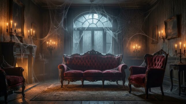 Vintage horror concept of a spooky haunted house with red furniture and cobwebs.