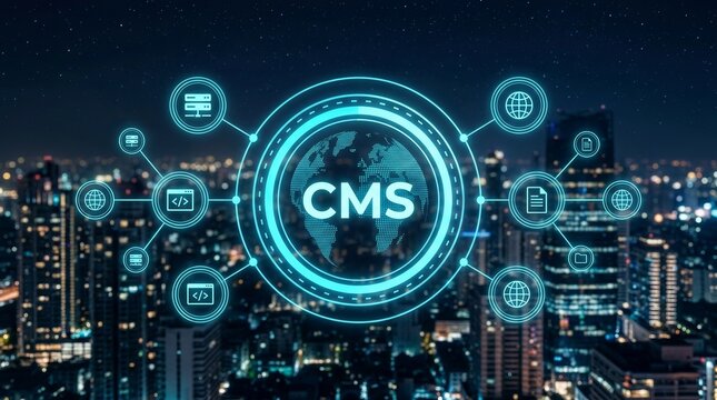 Technology ecosystem and CMS network concept illustrated with digital interface over a city at night.
