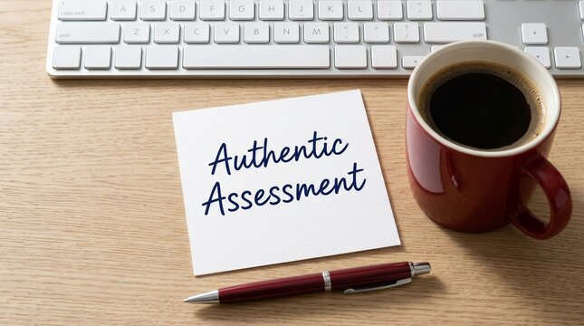 A red coffee mug and pen resting near a paper note reading Authentic Assessment.