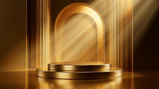 Minimalist luxury golden display stand with architectural elements.