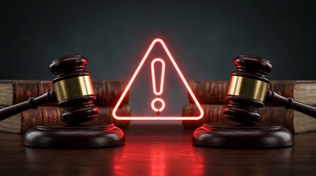 Judicial setting with a neon warning sign, wooden gavels, and legal books on a desk.