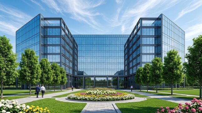 Sunlit modern office architecture with a glass facade and beautiful landscaped pathways.
