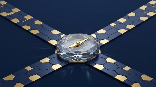 Gold and blue tiled path splitting into two directions with a compass for corporate strategy.