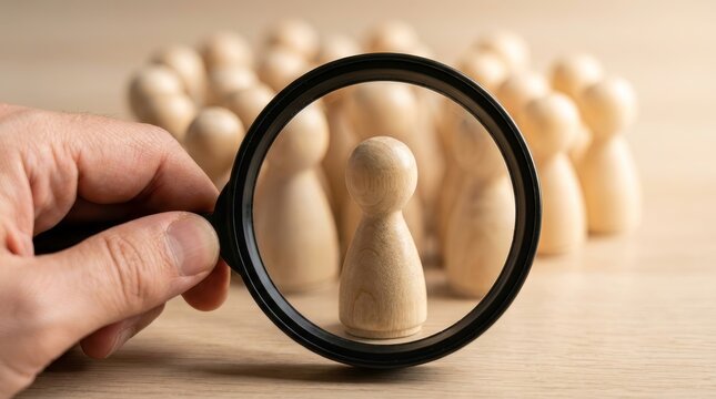 Selecting a candidate from a group using a magnifying glass and wooden pawn for talent acquisition.