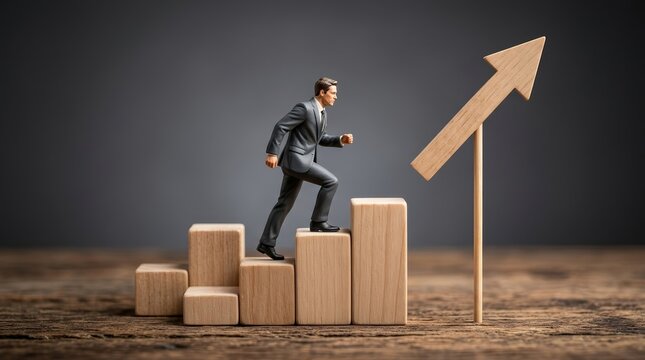 Concept of career advancement and financial growth with a miniature businessman figure climbing wooden blocks.