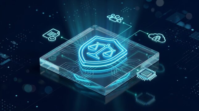 A glowing scale of justice on a shield icon for cyber law, data privacy, and AI ethics.