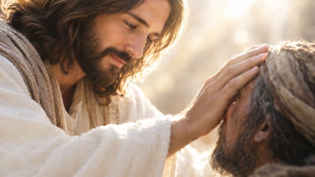 Jesus Christ Healing with Gentle Touch: A Divine Miracle of Compassion and Hope in Sacred Light.