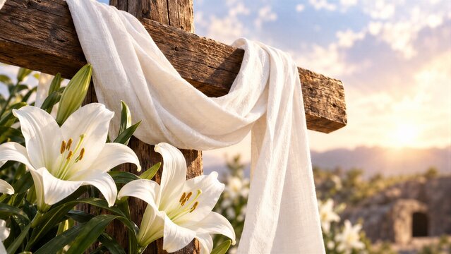 Wooden Christian Cross with Draped Cloth and Lilies Symbolizing Easter Resurrection and New Life.