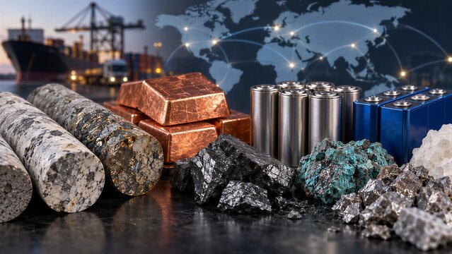 Critical Minerals Supply Chain: Ore Cores, Copper Ingots, Graphite Chunks, Battery Cells, and World Map.