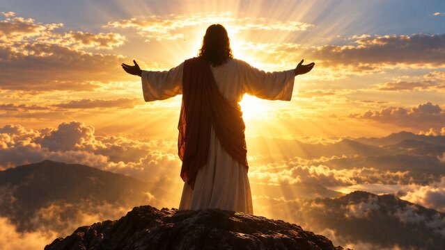 Jesus Christ silhouette on a mountain peak against a dramatic sunrise sky with sun rays, symbolizing resurrection, ascension, and Easter holiday for Christian faith.
