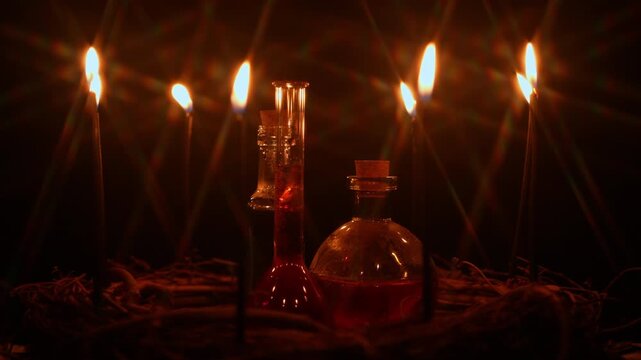 Potion vials surrounded with black magic candles and forest twigs on black background in slow motion. Flames flickering on the wicks. Halloween witchcraft alchemy and spiritual healing occultism.
