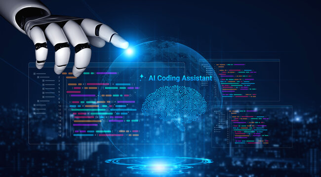 A high-tech image showcasing a robotic hand interacting with a digital globe while displaying coding and brain elements, illustrating AI advancements and programming. Cyphers