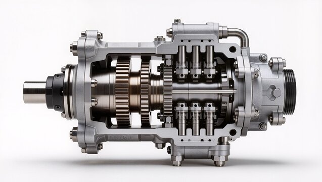 Multi-speed layshaft gearbox with integral valve block cross-section view, white background
