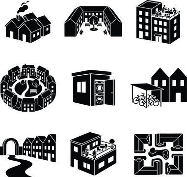 Cooperative housing, cohousing community and urban neighborhood vector silhouettes set
