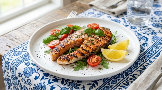 Grilled salmon steak with fresh lemon and cherry tomatoes