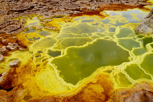 Emerald green acid pools and hydrothermal formations at Dallol