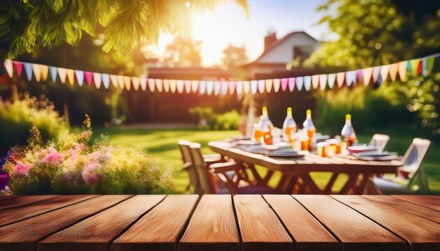 summer time party in backyard with empty wooden table and blurred background