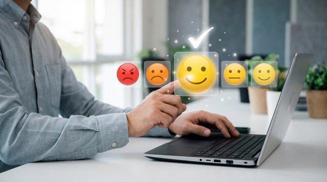 Customer service and satisfaction concept with business people touching a happy smile icon on a virtual screen, representing positive feedback, product quality, service excellence, and rating.
