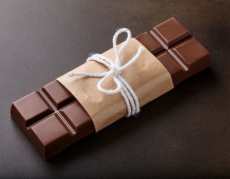 a single bar of dark chocolate wrapped in brown craft paper tied with a white cotton string