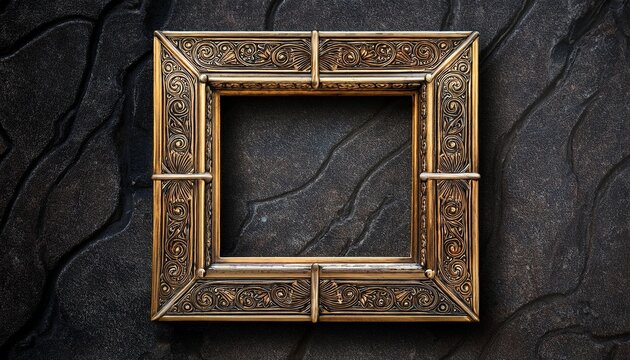 modern gothic square frame with aged brass patina realistic textures and embellished details isolated on dark granite background creating elegant dramatic and visually striking decorative design
