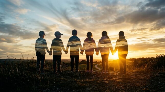 Six children journeying across borders in a dreamlike landscape at golden hour.
