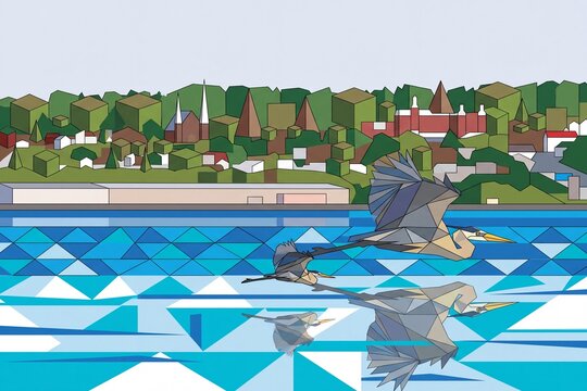 Geometric illustration of herons flying over calm water with reflection and coastal town background