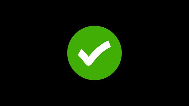 Animation green check mark that symbolizes approval or success. Check mark icon animation, right mark icon. Tick mark icon animation. Check mark animation on circle.