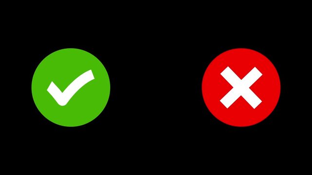 Video footage of yes or no, true or false with alpha channel. check mark and cross mark signs icon animation, pop-up green check mark and red cross X symbol. Check mark and cross icon.