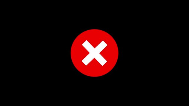 Red Cross mark animation icon on black background. X letter, crossed lines, denial concept, incorrect cross symbol animated red x mark for error. Red X letter, Prohibition, Error, Wrong marker icon.