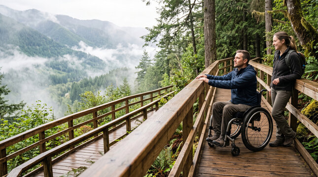 Man in wheelchair and companion enjoying scenic misty mountain view on accessible forest boardwalk
