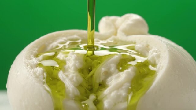 Close Up of Pouring Vibrant Green Olive Oil Over Creamy Burrata.