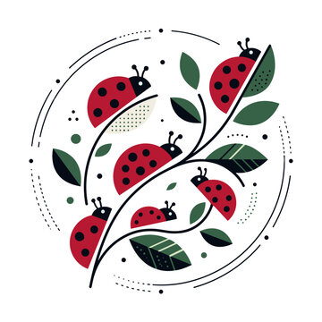 Ladybugs crawling on leafy branches against transparent background. Perfect for eco friendly packaging, children book illustration, spring nature posters.