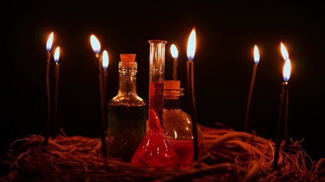 Potion vials surrounded with black magic candles and forest twigs on black background in slow motion. Flames flickering on the wicks. Halloween witchcraft alchemy and spiritual healing occultism.